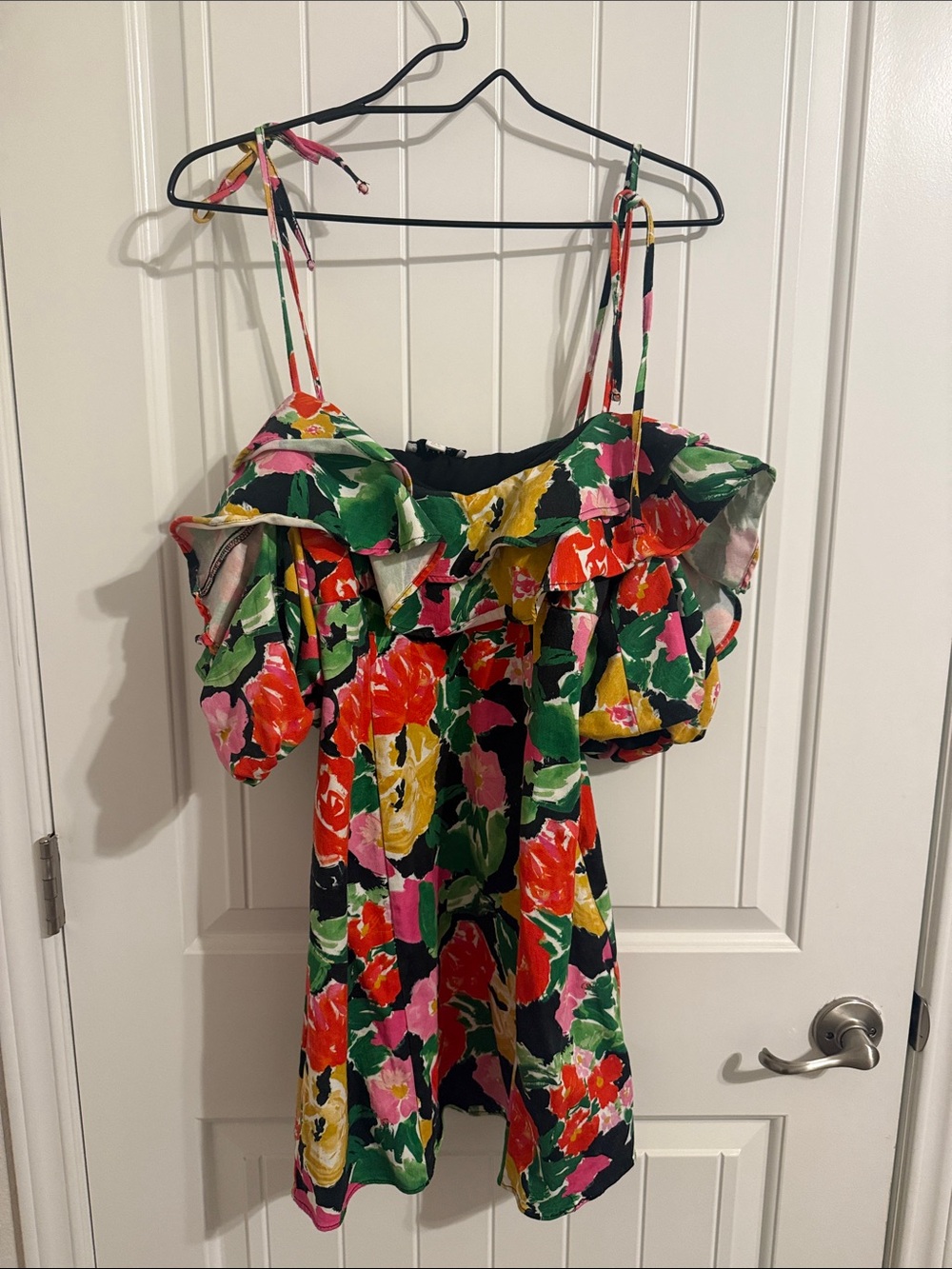 Topshop Green Floral Off-Shoulder Mini Dress with Pink, Yellow & Red Blooms